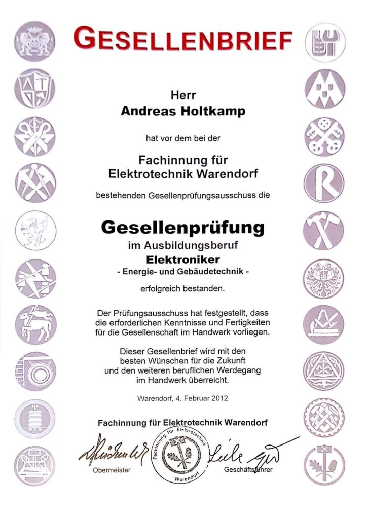 Andreas Holtkamp, Gesellenbrief
