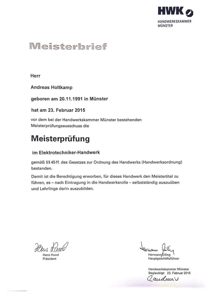 Meisterbrief, Handwerkskammer Münster