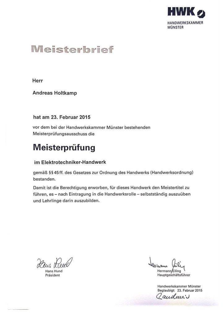 Meisterbrief, Handwerkskammer Münster