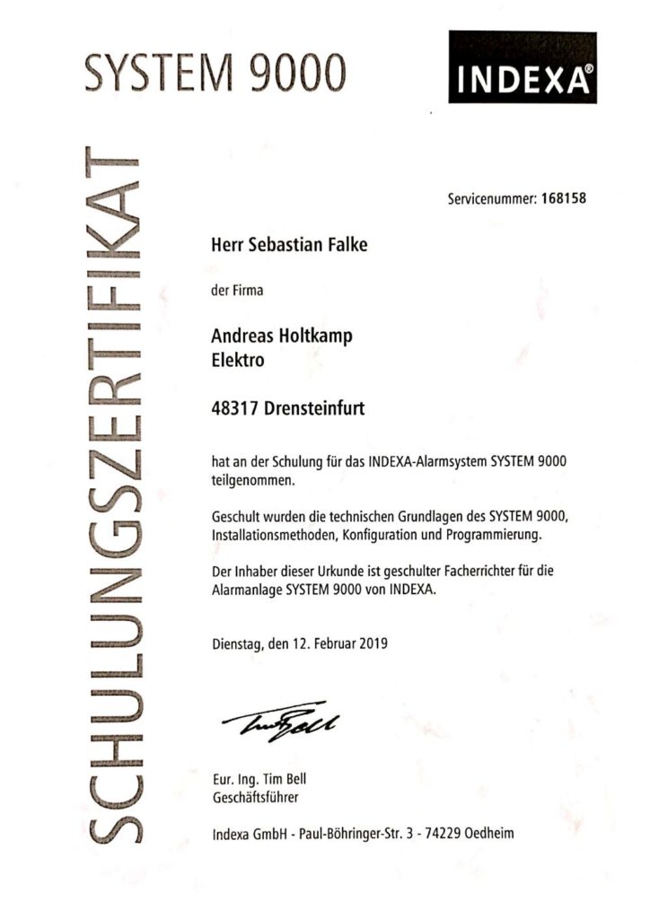 Zertifikat, Indexa Alarmsystem