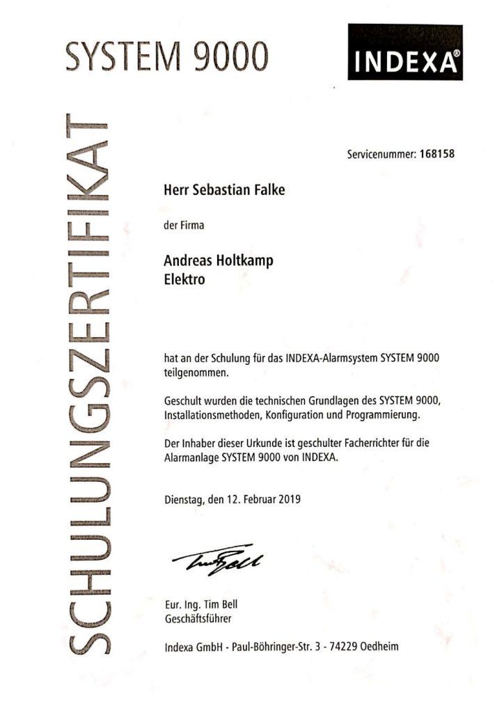 Zertifikat, Indexa Alarmsystem