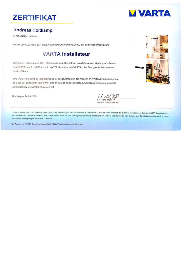 Zertifikat, Varta Installateur